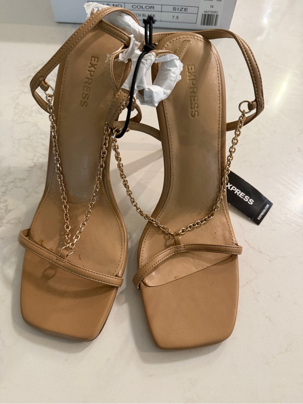 Express Beige/Tan Chain-Strap Square-Toe Heels